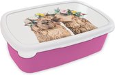 Broodtrommel Roze - Lunchbox - Brooddoos - Alpaca - Bloemen - Dieren - Natuur - 18x12x6 cm - Kinderen - Meisje