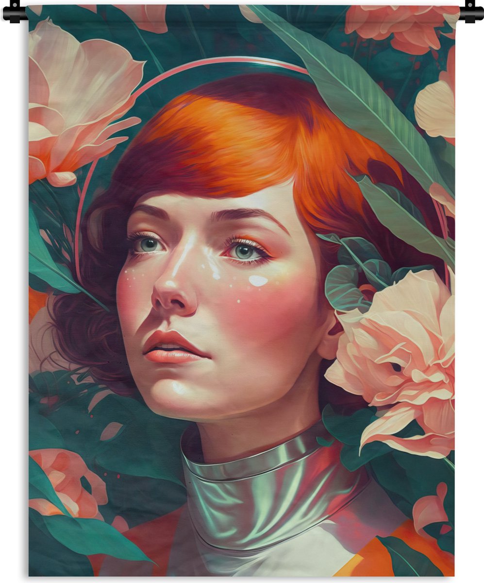 Wandkleed - Wanddoek - Portret - Vrouw - Bloemen - Roze - Botanisch - 90x120 cm - Wandtapijt