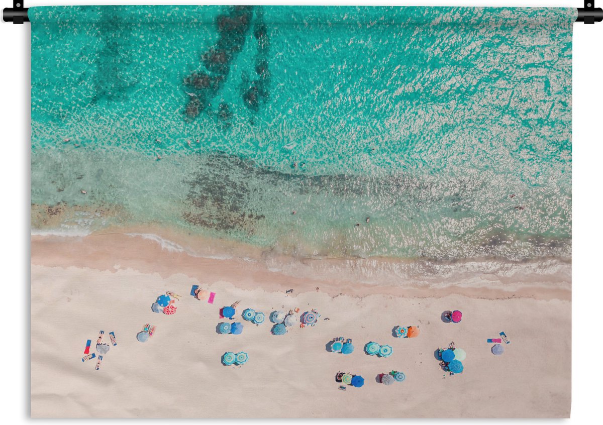 Wandkleed - Wanddoek - Zee - Strand - Zomer - Parasols - Blauw - 180x135 cm - Wandtapijt