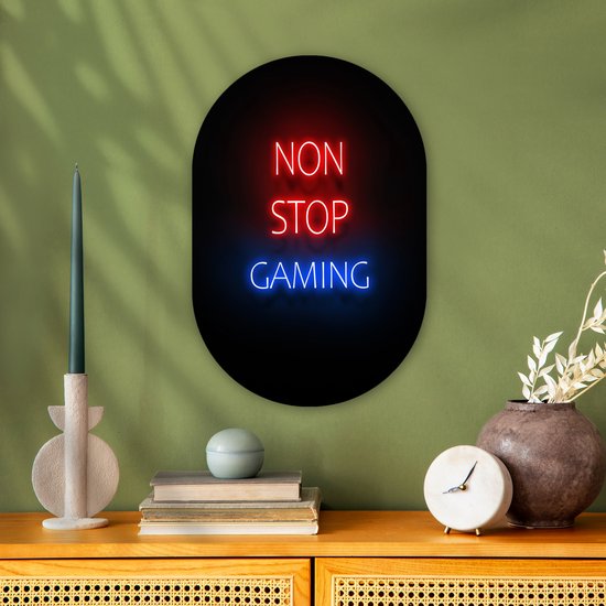 Muurovaal - Wandovaal - Kunststof Wanddecoratie - Ovalen Schilderij - Tekst - Gaming - Non stop gaming - Neon - Zwart - 40x60 cm - Ovale spiegel vorm op kunststof