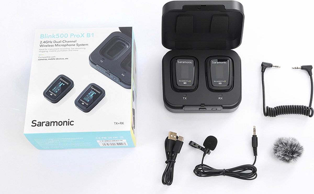 Saramonic Blink500 ProX B1 2.4G dual channel draadloze microfoon set met 1 transmitter en 1 receiver met oled display voor camera incl 3.5mm mini jack
