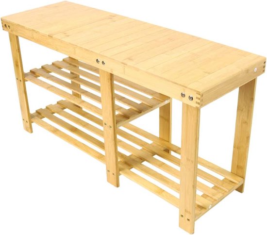 Bamboe schoenenkast schoenenrek met zitbank 3 poot planken schoenenbank 87 x 45 x 28 cm (b x h x d)