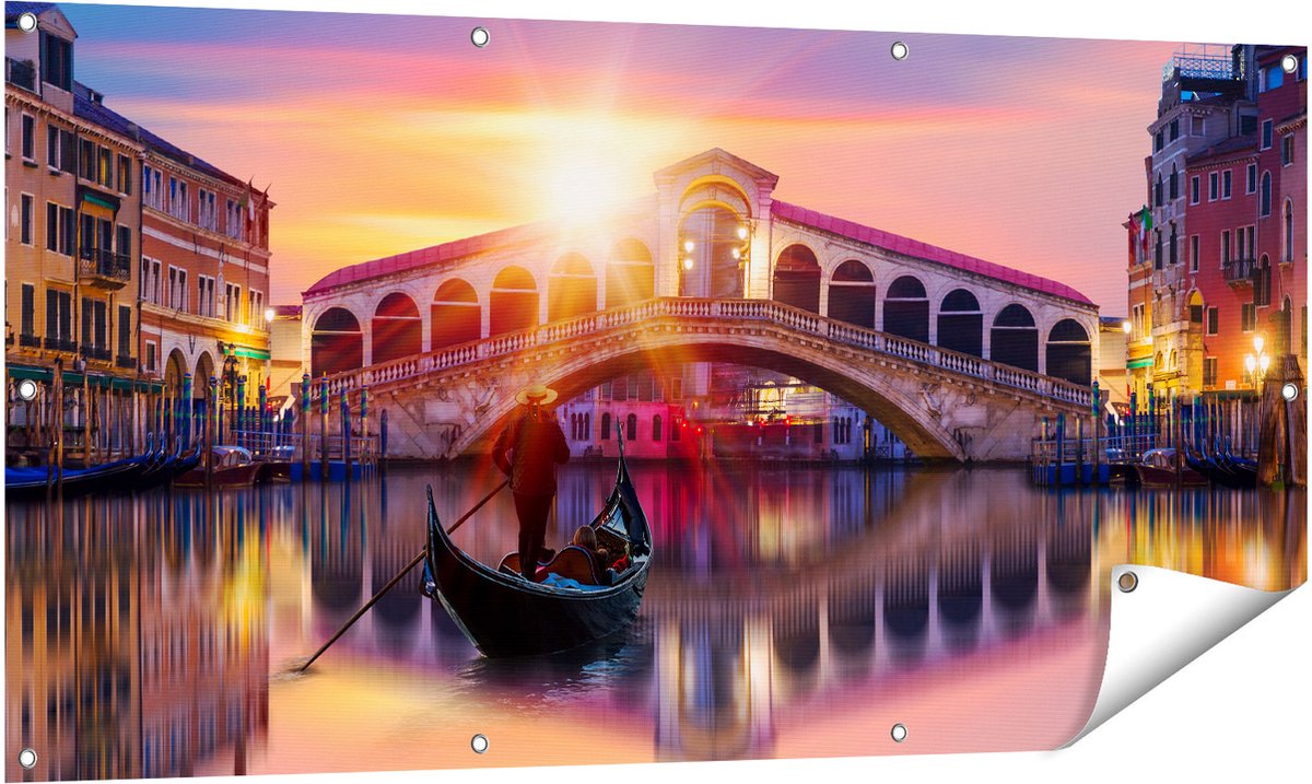 Gards Tuinposter Gondel bij de Rialtobrug in Veneti�, Itali� - 140x70 cm - Tuindoek - Tuindecoratie - Wanddecoratie buiten - Tuinschilderij Multikleur
