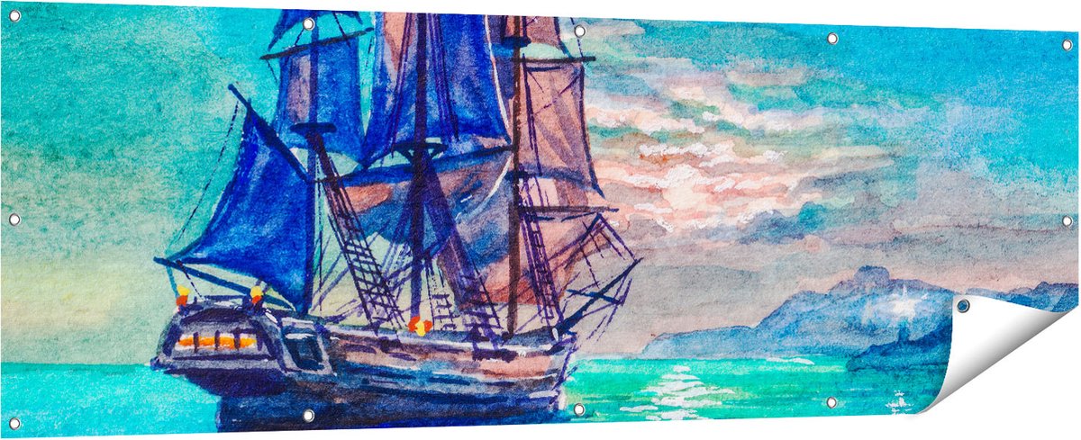 Gards Tuinposter Oude Piratenschip Zeilboot Getekend - 180x60 cm - Tuindoek - Tuindecoratie - Wanddecoratie buiten - Tuinschilderij Multikleur