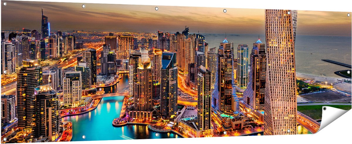 Gards Tuinposter Dubai Haven met de Stad - 210x70 cm - Tuindoek - Tuindecoratie - Wanddecoratie buiten - Tuinschilderij Multikleur