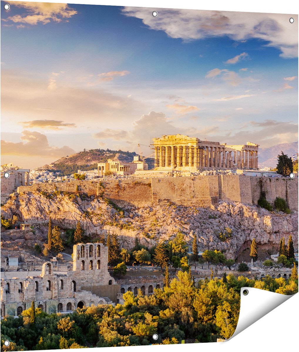 Gards Tuinposter Akropolis van Athene, Griekenland - Architectuur - 100x100 cm - Tuindoek - Tuindecoratie - Wanddecoratie buiten - Tuinschilderij Multikleur