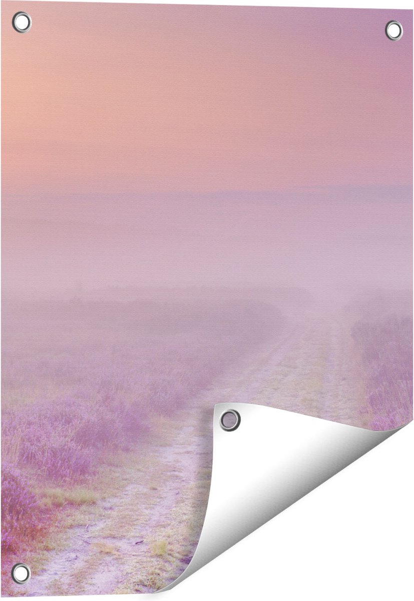 Gards Tuinposter Pad in de Weide tijdens de Mist - 40x50 cm - Tuindoek - Tuindecoratie - Wanddecoratie buiten - Tuinschilderij Multikleur