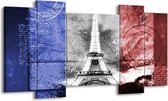 GroepArt - Schilderij - Parijs, Eiffeltoren - Grijs, Rood, Blauw - 120x65cm 5Luik - Foto Op Canvas - GroepArt 6000+ Schilderijen 0p Canvas Art Collectie - Wanddecoratie