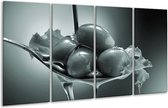 GroepArt - Glasschilderij - Olijven, Keuken - Grijs, Groen - 160x80cm 4Luik - Foto Op Glas - Geen Acrylglas Schilderij - 6000+ Glasschilderijen Collectie - Wanddecoratie