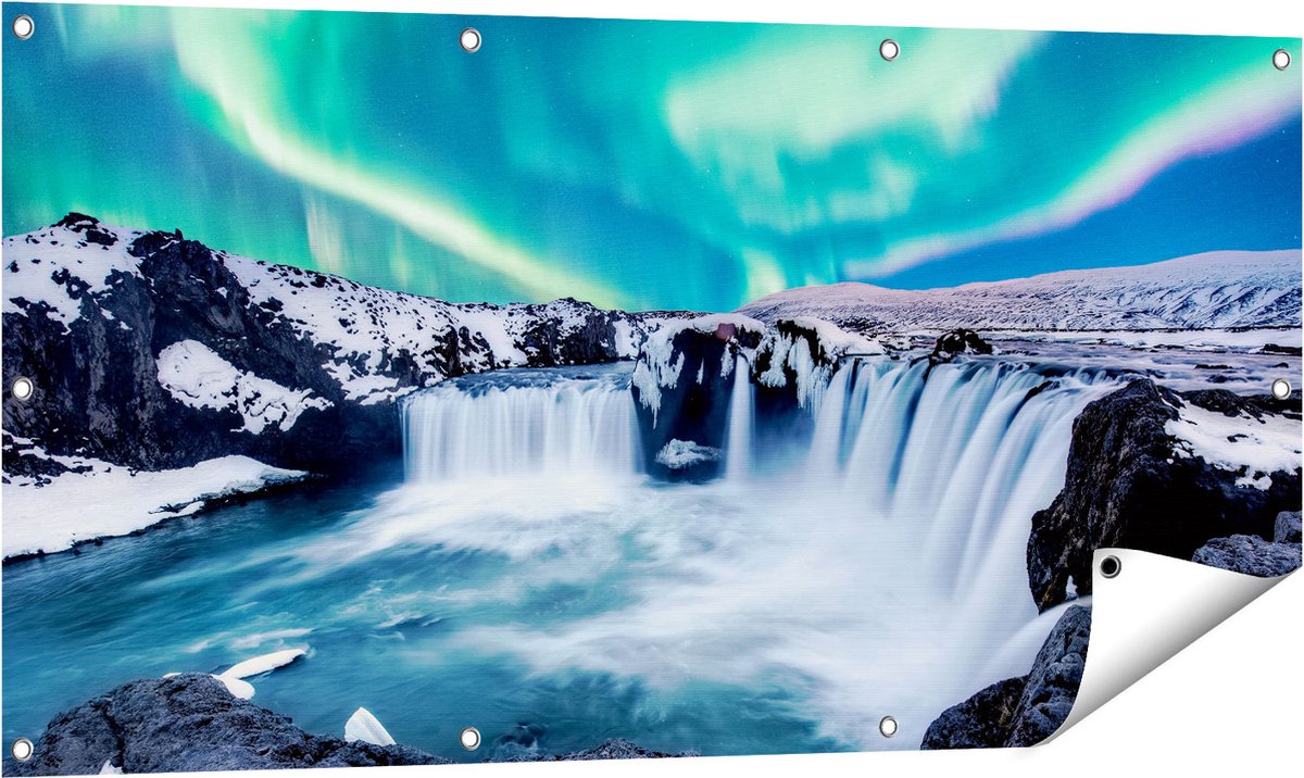 Gards Tuinposter Watervallen met het Groene Noorderlicht - 120x60 cm - Tuindoek - Tuindecoratie - Wanddecoratie buiten - Tuinschilderij Multikleur