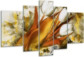 Glasschilderij Tulpen - Wit, Bruin, Geel - 170x100cm 5Luik - Foto Op Glas - Geen Acrylglas Schilderij - 6000+ Glasschilderijen Collectie - Wanddecoratie