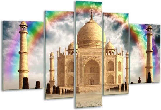 Glasschilderij Taj Mahal - Crème - 170x100cm 5Luik - Foto Op Glas - Geen Acrylglas Schilderij - 6000+ Glasschilderijen Collectie - Wanddecoratie