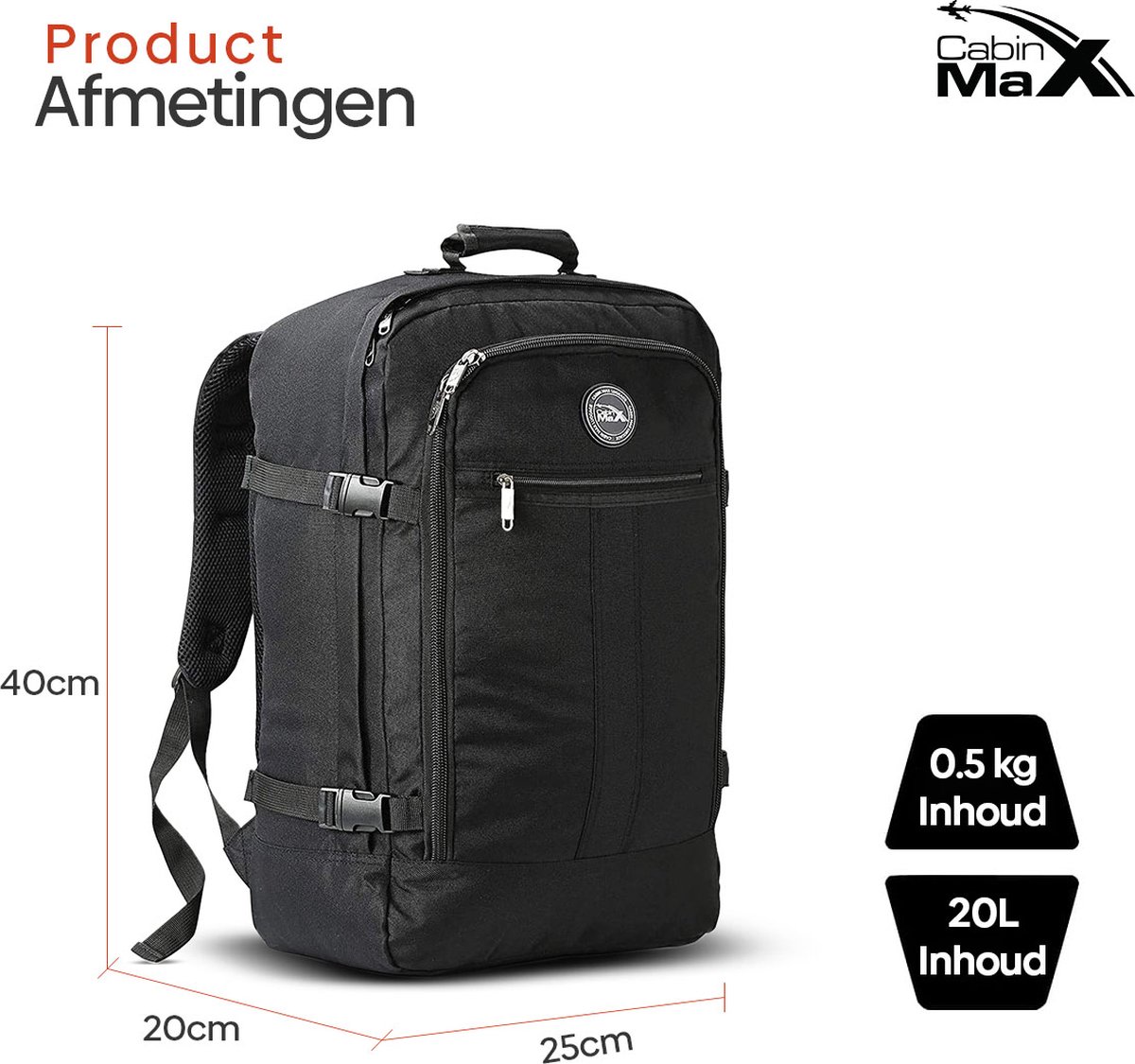 CabinMax Metz Reistas – Handbagage 20L – Rugzak – Schooltas - 40x25x20 cm – Compact Backpack – Lichtgewicht – Zwart – foto 2
