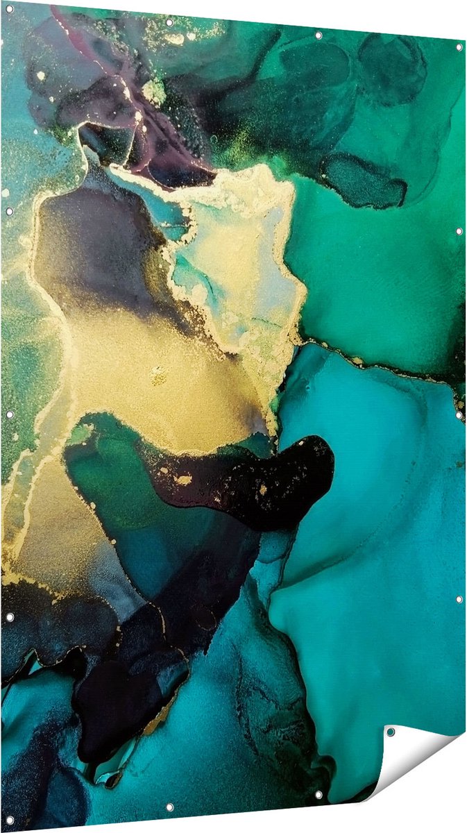 Gards Tuinposter Abstracte Kunst - Groen met Goud - 120x180 cm - Tuindoek - Tuindecoratie - Wanddecoratie buiten - Tuinschilderij Multikleur