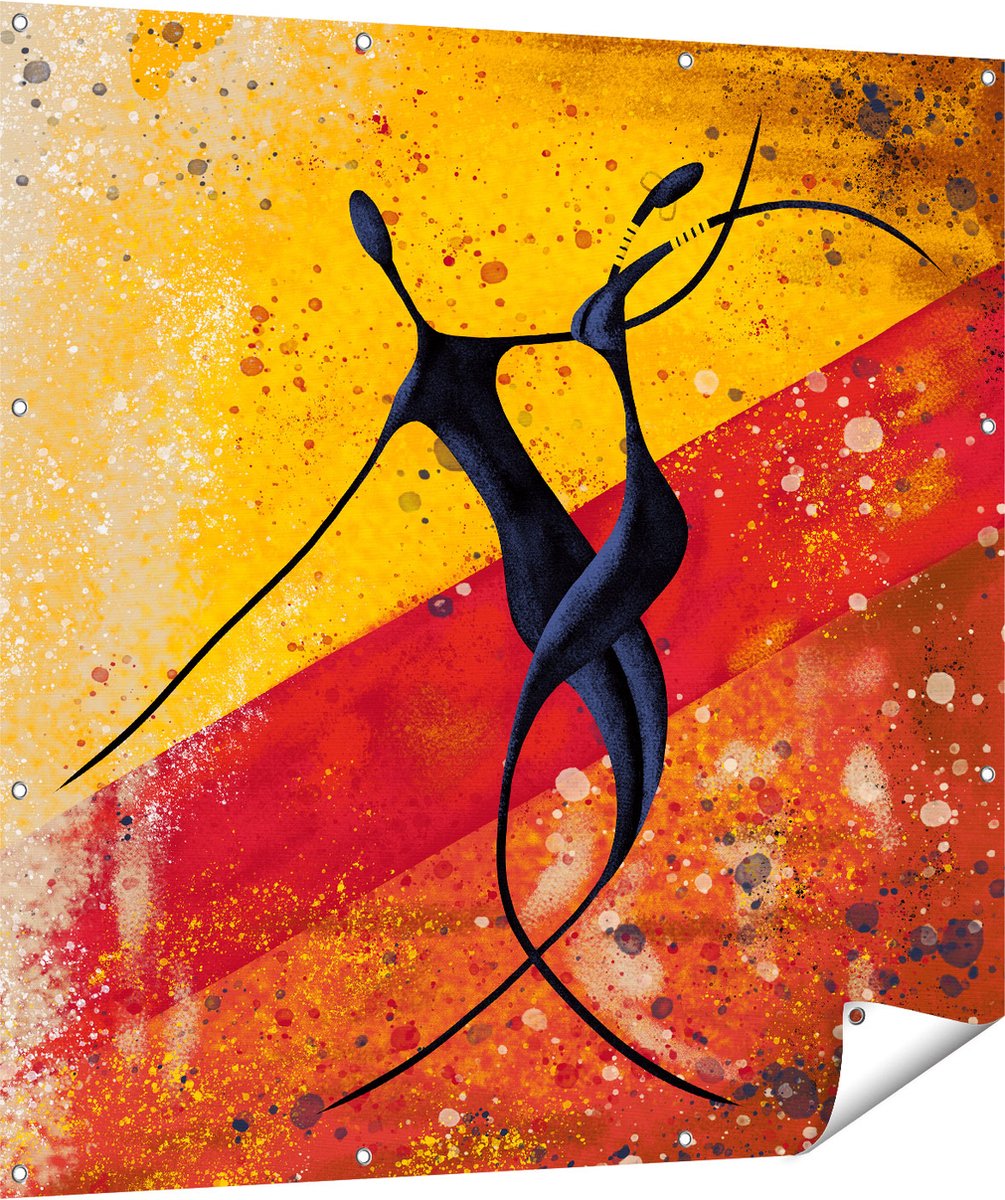 Gards Tuinposter Abstracte Kunst - Dansend Afrikaans Paar - 120x120 cm - Tuindoek - Tuindecoratie - Wanddecoratie buiten - Tuinschilderij Multikleur