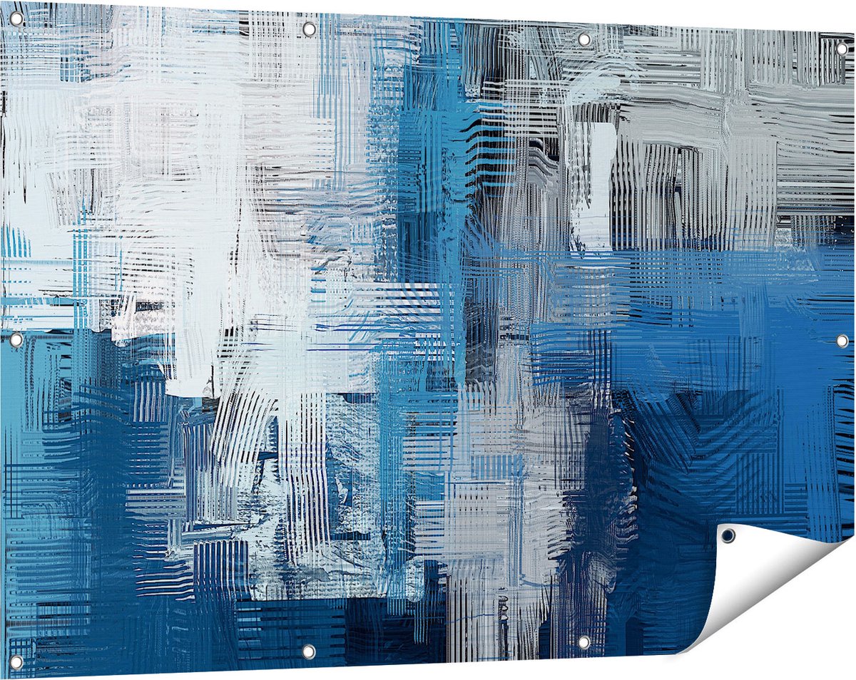 Gards Tuinposter Abstracte Kunst - Blauw Witte Penseelstreken - 120x80 cm - Tuindoek - Tuindecoratie - Wanddecoratie buiten - Tuinschilderij Multikleur