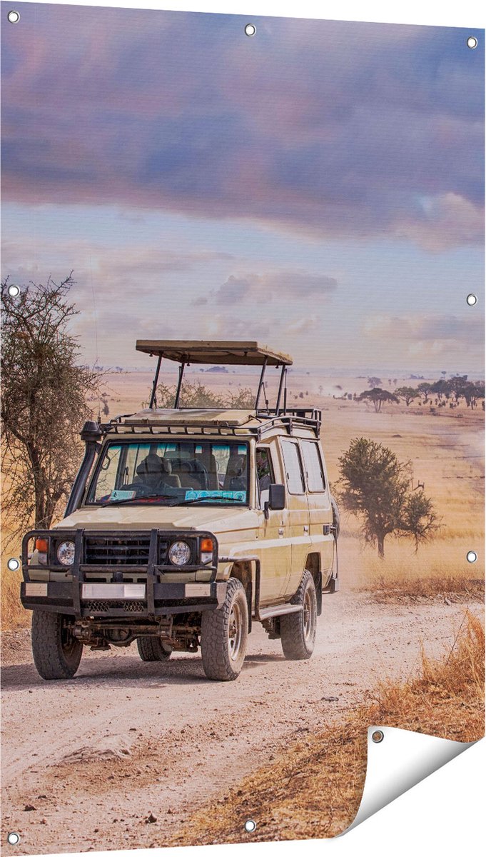 Gards Tuinposter Safari Auto in de Savanne - 80x120 cm - Tuindoek - Tuindecoratie - Wanddecoratie buiten - Tuinschilderij Multikleur