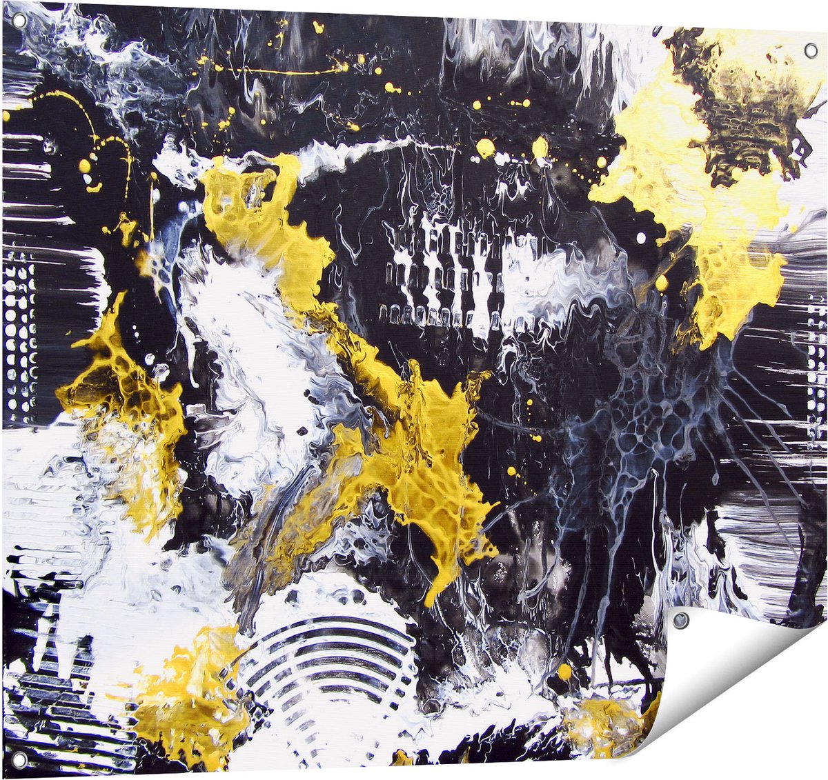 Gards Tuinposter Abstracte Kunst met Zwart, Wit en Goud - 100x80 cm - Tuindoek - Tuindecoratie - Wanddecoratie buiten - Tuinschilderij Multikleur
