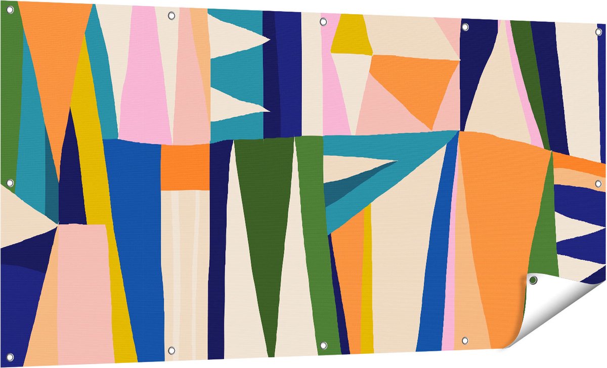 Gards Tuinposter Abstracte Kleurrijke Kunst - Driehoeken - 160x80 cm - Tuindoek - Tuindecoratie - Wanddecoratie buiten - Tuinschilderij Multikleur