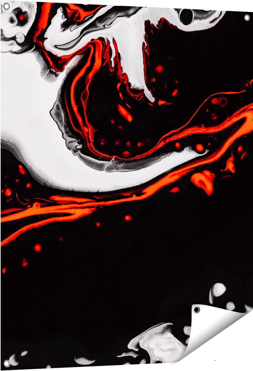 Gards Tuinposter Abstracte Kunst - Zwart en Wit met Rood - 80x100 cm - Tuindoek - Tuindecoratie - Wanddecoratie buiten - Tuinschilderij Multikleur