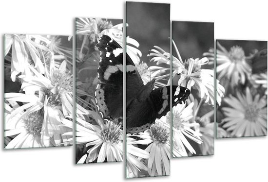 Glasschilderij Bloemen, Vlinder - Zwart, Wit, Grijs - 170x100cm 5Luik - Foto Op Glas - Geen Acrylglas Schilderij - 6000+ Glasschilderijen Collectie - Wanddecoratie