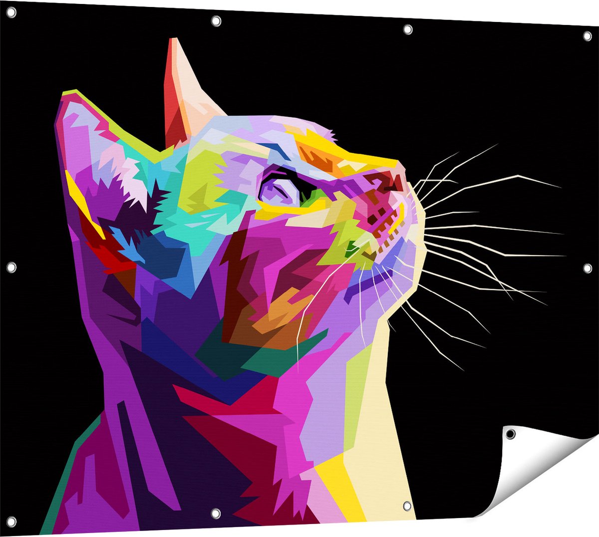 Gards Tuinposter Kleurrijke Kat Kijkt naar Boven - Abstract - 120x90 cm - Tuindoek - Tuindecoratie - Wanddecoratie buiten - Tuinschilderij Multikleur