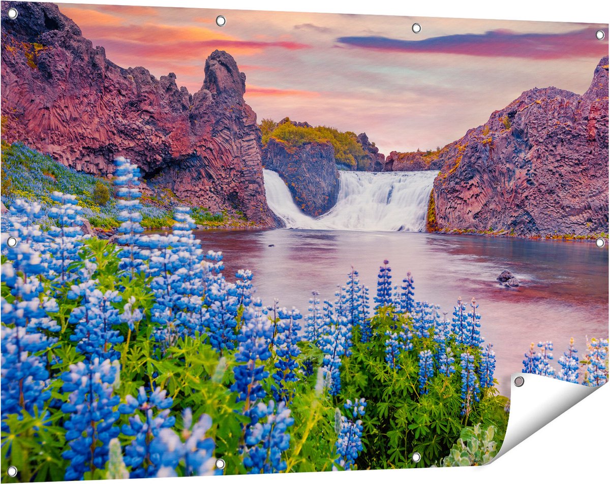 Gards Tuinposter Waterval met Blauwe Lupine Bloemen - 120x80 cm - Tuindoek - Tuindecoratie - Wanddecoratie buiten - Tuinschilderij Multikleur