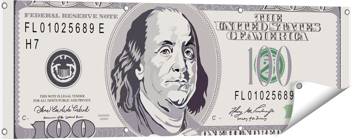 Gards Tuinposter Geld Dollar Biljet - Briefje van 100 Dollar - 120x40 cm - Tuindoek - Tuindecoratie - Wanddecoratie buiten - Tuinschilderij Multikleur