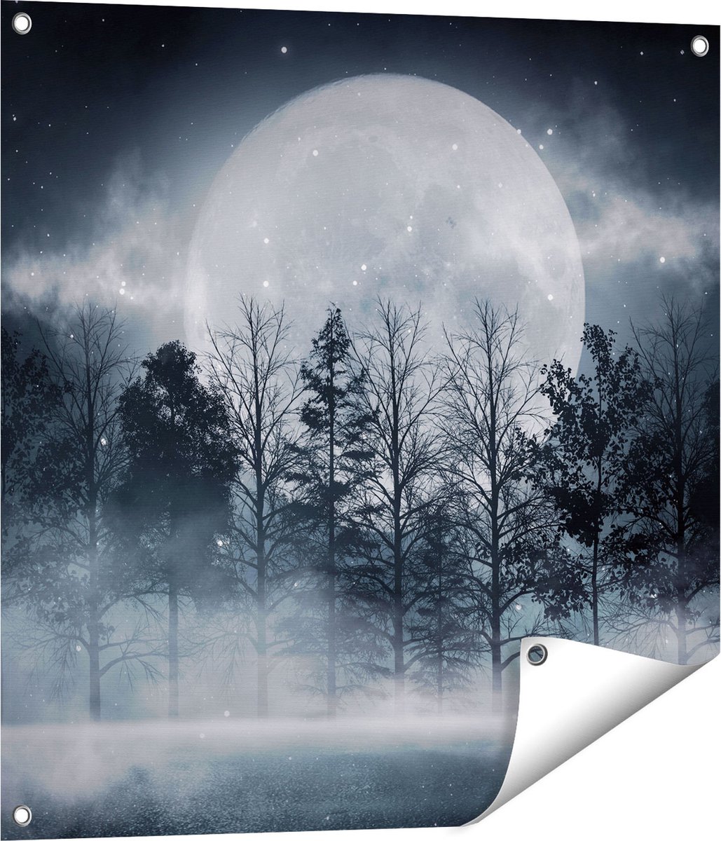 Gards Tuinposter Maan tussen de Bomen in de Nacht - 70x70 cm - Tuindoek - Tuindecoratie - Wanddecoratie buiten - Tuinschilderij Multikleur