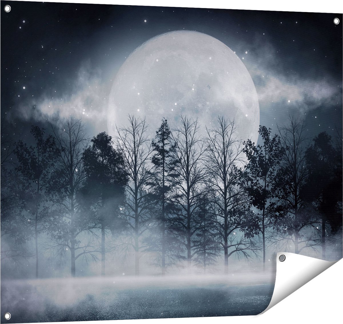 Gards Tuinposter Maan tussen de Bomen in de Nacht - 100x80 cm - Tuindoek - Tuindecoratie - Wanddecoratie buiten - Tuinschilderij Multikleur