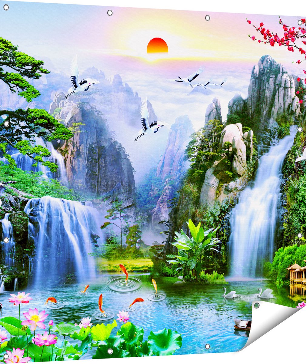 Gards Tuinposter Watervallen in de Bergen - Abstract - 110x110 cm - Tuindoek - Tuindecoratie - Wanddecoratie buiten - Tuinschilderij Multikleur