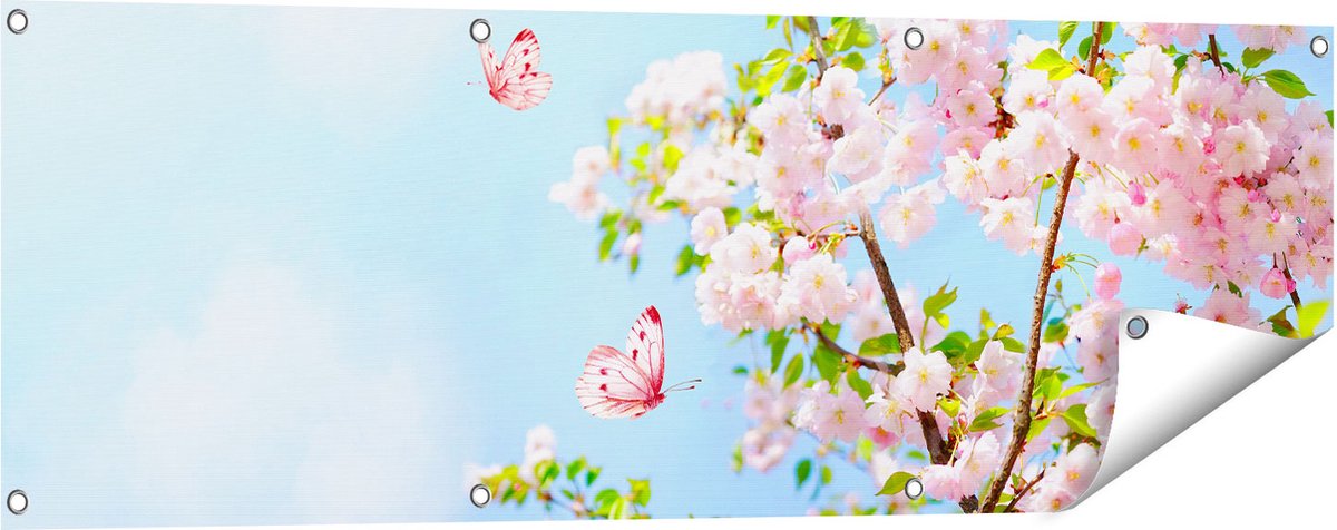 Gards Tuinposter Twee Roze Vlinders bij Roze Bloesem Bloemen - 120x40 cm - Tuindoek - Tuindecoratie - Wanddecoratie buiten - Tuinschilderij Multikleur