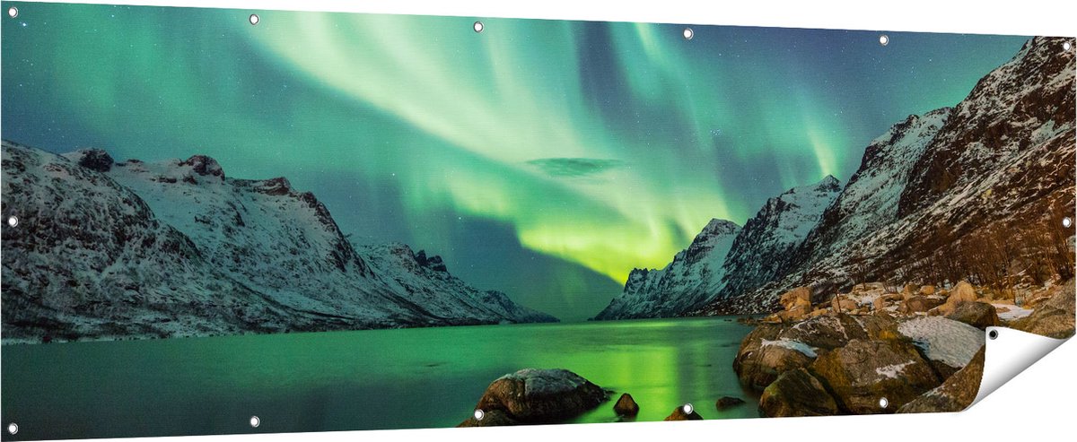 Gards Tuinposter Noorderlicht boven het Water in de Bergen - 210x70 cm - Tuindoek - Tuindecoratie - Wanddecoratie buiten - Tuinschilderij Multikleur