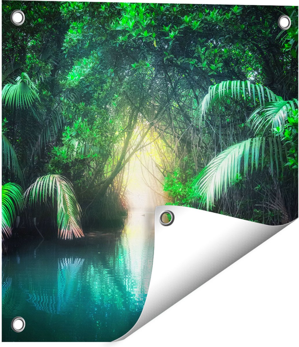 Gards Tuinposter Tropische Jungle met een Turquoise Meer - 40x40 cm - Tuindoek - Tuindecoratie - Wanddecoratie buiten - Tuinschilderij Multikleur