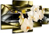 GroepArt - Schilderij -  Orchidee - Groen, Crème - 160x90cm 4Luik - Schilderij Op Canvas - Foto Op Canvas