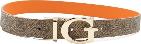 Bruine Guess riem met logoprint en oranje binnenzijde, met gouden G-gesp.