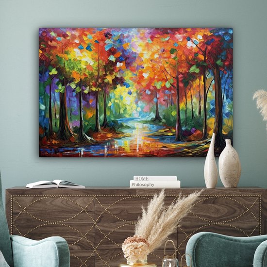 Forêt colorée avec eau et reflets, peinte dans un style impressionniste.