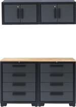 George Tools werkplaatsinrichting - Werkbank met 2 gereedschapskasten en houten werkblad - Werktafel met 8 laden - Complete set voor werkplaats of garage - Grijs