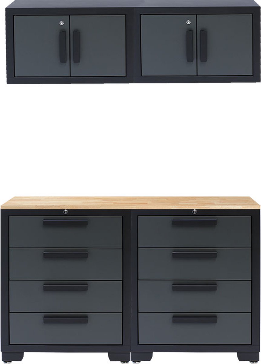 George Tools werkplaatsinrichting - Werkbank met 2 gereedschapskasten en houten werkblad - Werktafel met 8 laden - Complete set voor werkplaats of garage - Grijs