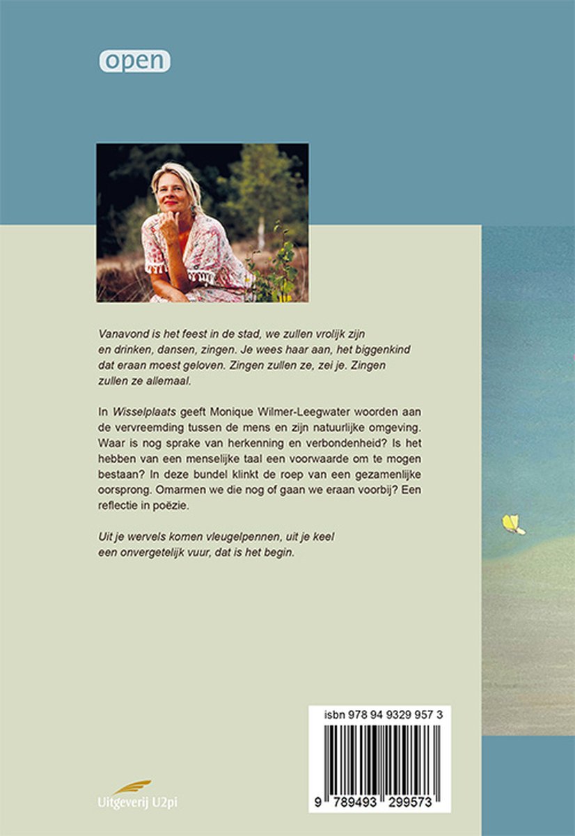 Achterkant van boek 'Wisselplaats' met foto van Monique Wilmer-Leegwater en tekst.