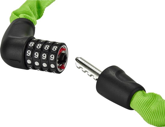 Close-up van het cijferslot en de sleutel van een lichtgroene ABUS kettingslot.