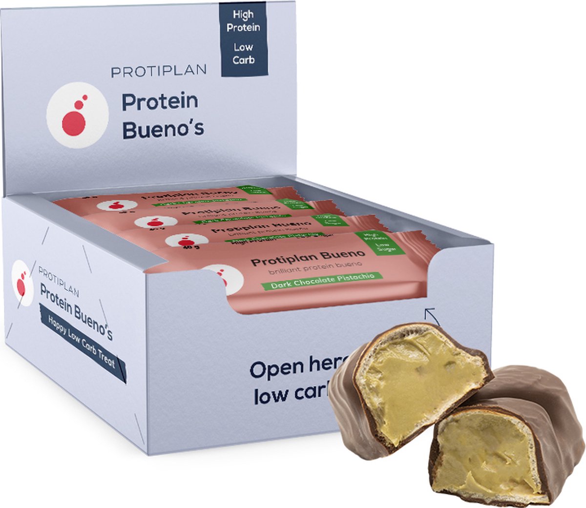 Goedkoopste Protiplan | Bueno Pure Chocolade Pistache | 12 Stuks | 12 x 40 gram | Low carb snack | Eiwitrepen | Koolhydraatarme sportvoeding | Afslanken met Proteïne repen | Snel afvallen zonder hongergevoel!