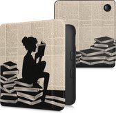 kwmobile hoes geschikt voor Kobo Libra 2 - Magnetische sluiting - E reader cover in zwart / beige - Meisje met boeken design