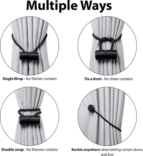 Illustrations montrant quatre façons d'utiliser les attaches magnétiques de rideaux noires : enroulement simple, nœud, double enroulement et boucle.