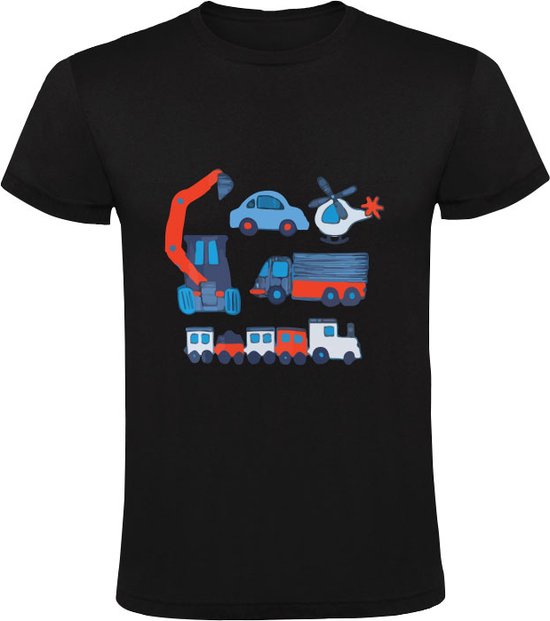 Getekende voertuigen Kinder T-shirt 104 | tekening | auto | helikopter | vrachtauto | trein
