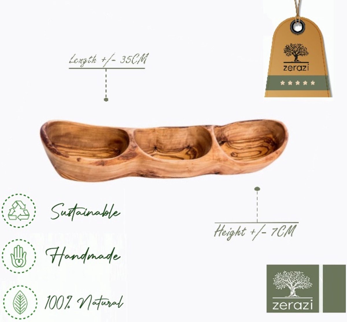 ZERAZI | Rustieke schaal met drie gaten, fruitschaal | olijfhout | ca. 35 cm | milieuvriendelijk | volledig handgemaakt | duurzaam | hygiënisch