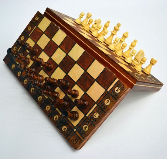 Thumbnail van een extra afbeelding van het spel xxl Schaak dammen backgammon 3 in 1 opvouwbare bordspel magnetische 44cm breed schaakbord met schaakstukken reisspel houten schaakspel