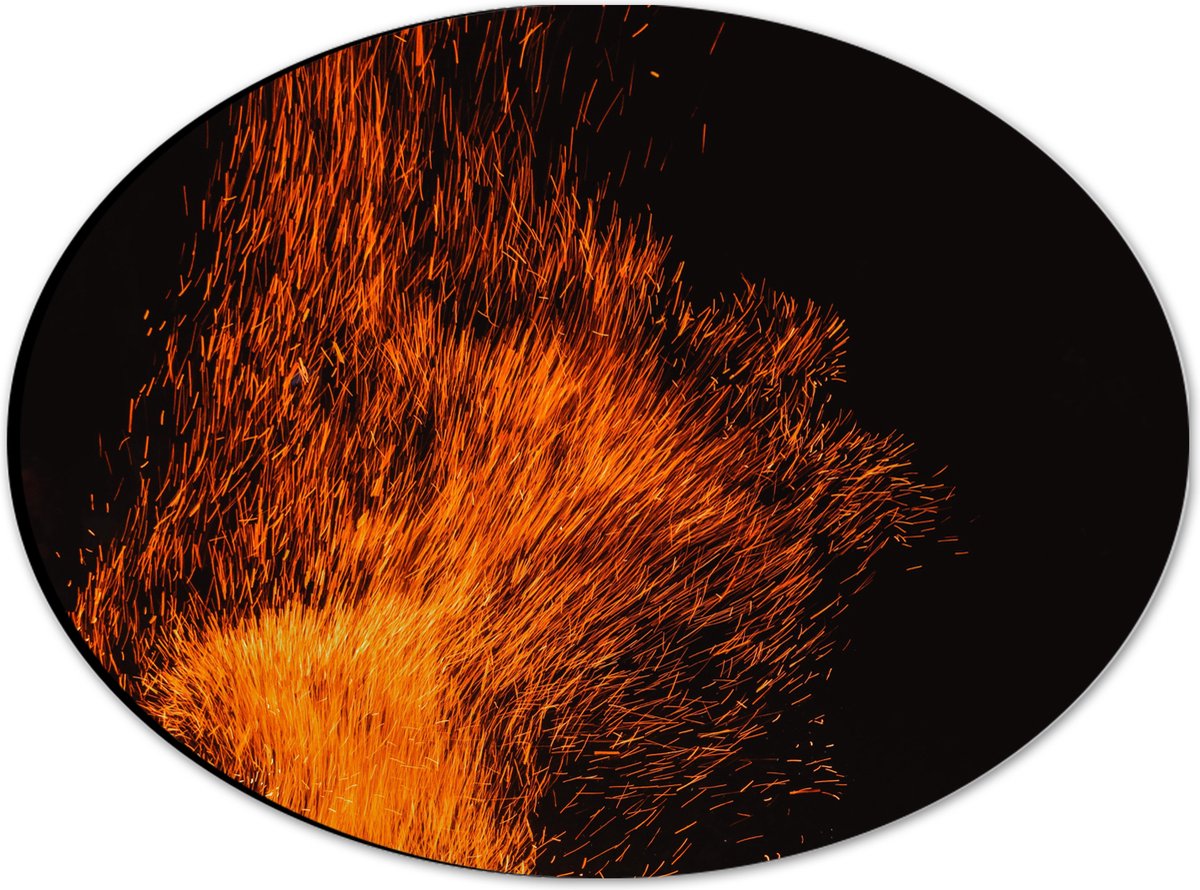 Dibond Ovaal - Oranje Spetters van Vuurkorf - 28x21 cm Foto op Ovaal (Met Ophangsysteem)