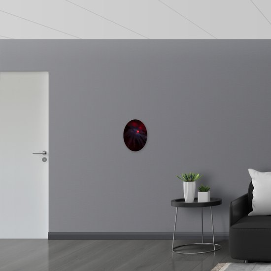WallClassics - Dibond Ovale - Lumière rouge avec ciel étoilé au-dessus de grands Arbres sombres - Photo 30x40 cm sur ovale (avec système de suspension)