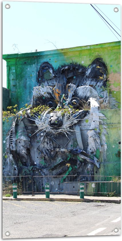 Tuinposter – Wasbeer Gemaakt van Grafitti op Gebouw - 50x100 cm Foto op Tuinposter (wanddecoratie voor buiten en binnen)